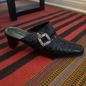 Brighton Black Croc-Embossed Mule with Decorative Silver Buckle